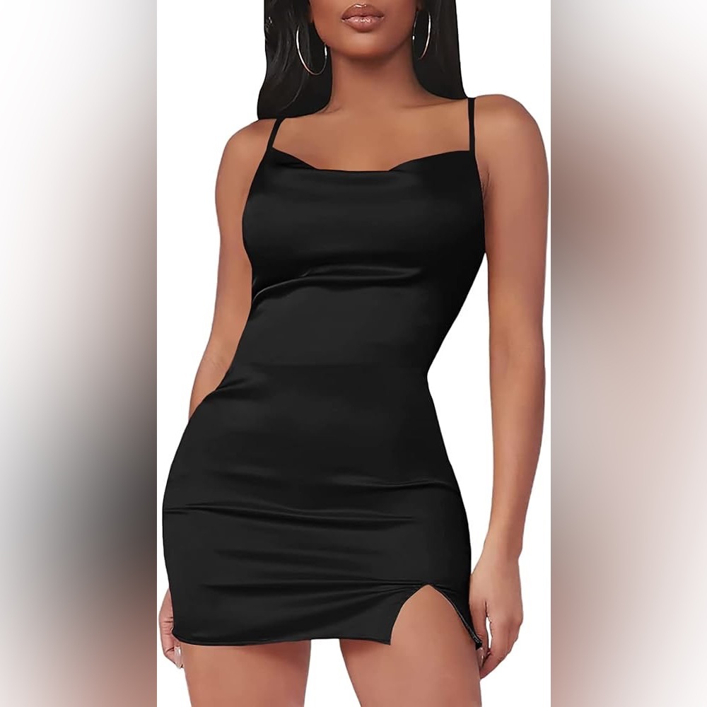 Satin Silk Spaghetti Strap Slit Bodycon Sleeveless Mini Dress